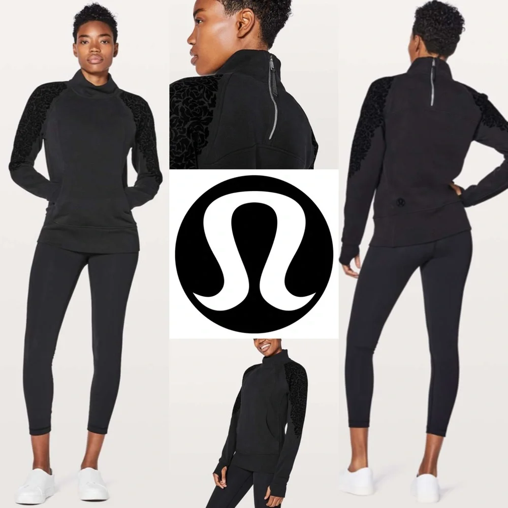 lululemon | Floral Flock Pullover Black Velvet Terry 1/4 Zip Sweater Size 4